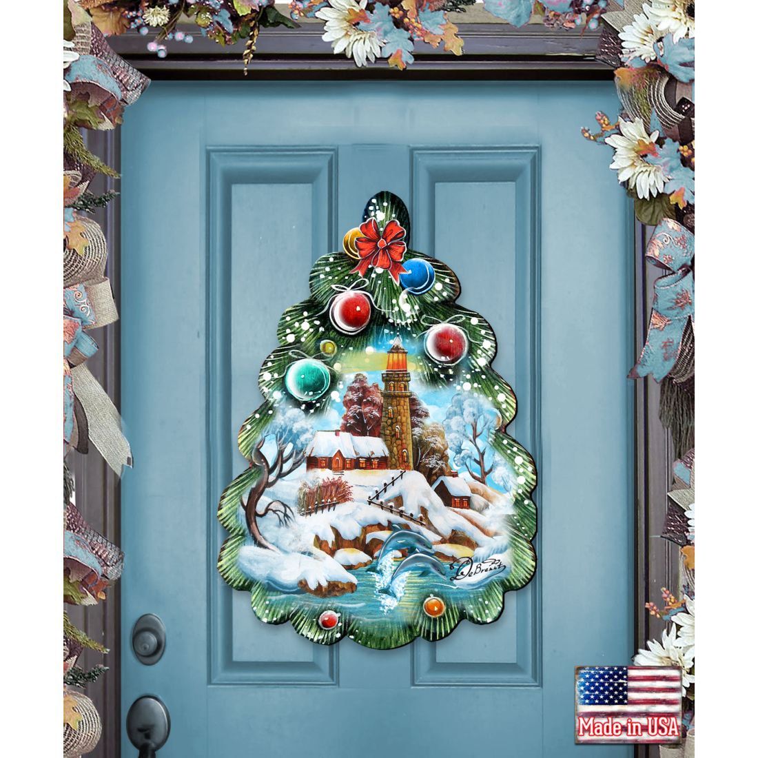 Lighthouse Tree Christmas Door Decor by G. DeBrekht - Coastal Holiday Decor - 8119185H-0