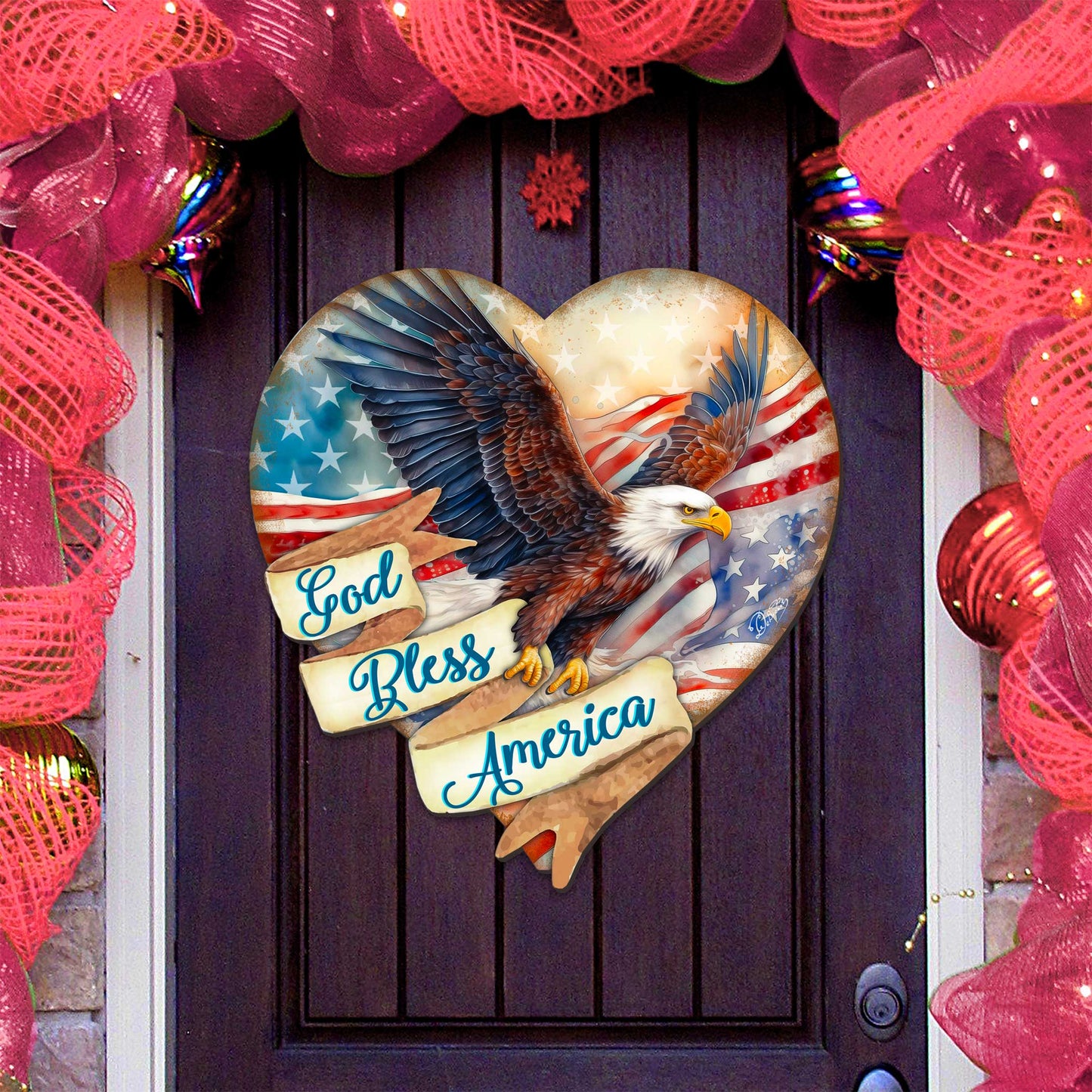 God Bless America Patriotic Eagle Heart Decorative Holiday Door Decor by G. DeBrekht - American Christmas Decor - 8652789H-2