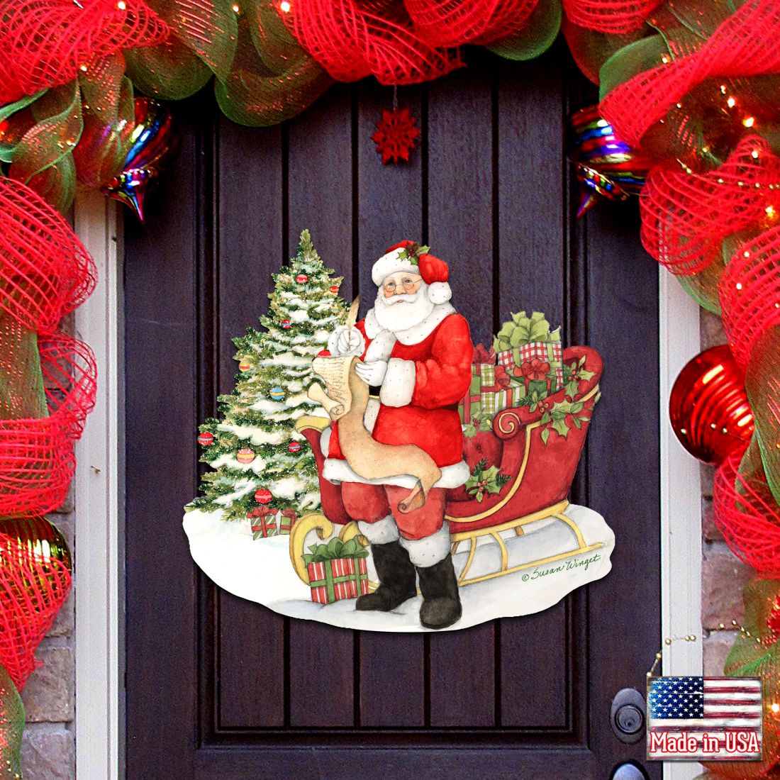 Christmas Wishlist Santa Door Decor by Susan Winget - Christmas Santa Snowman Decor - 8471101H-SW-0