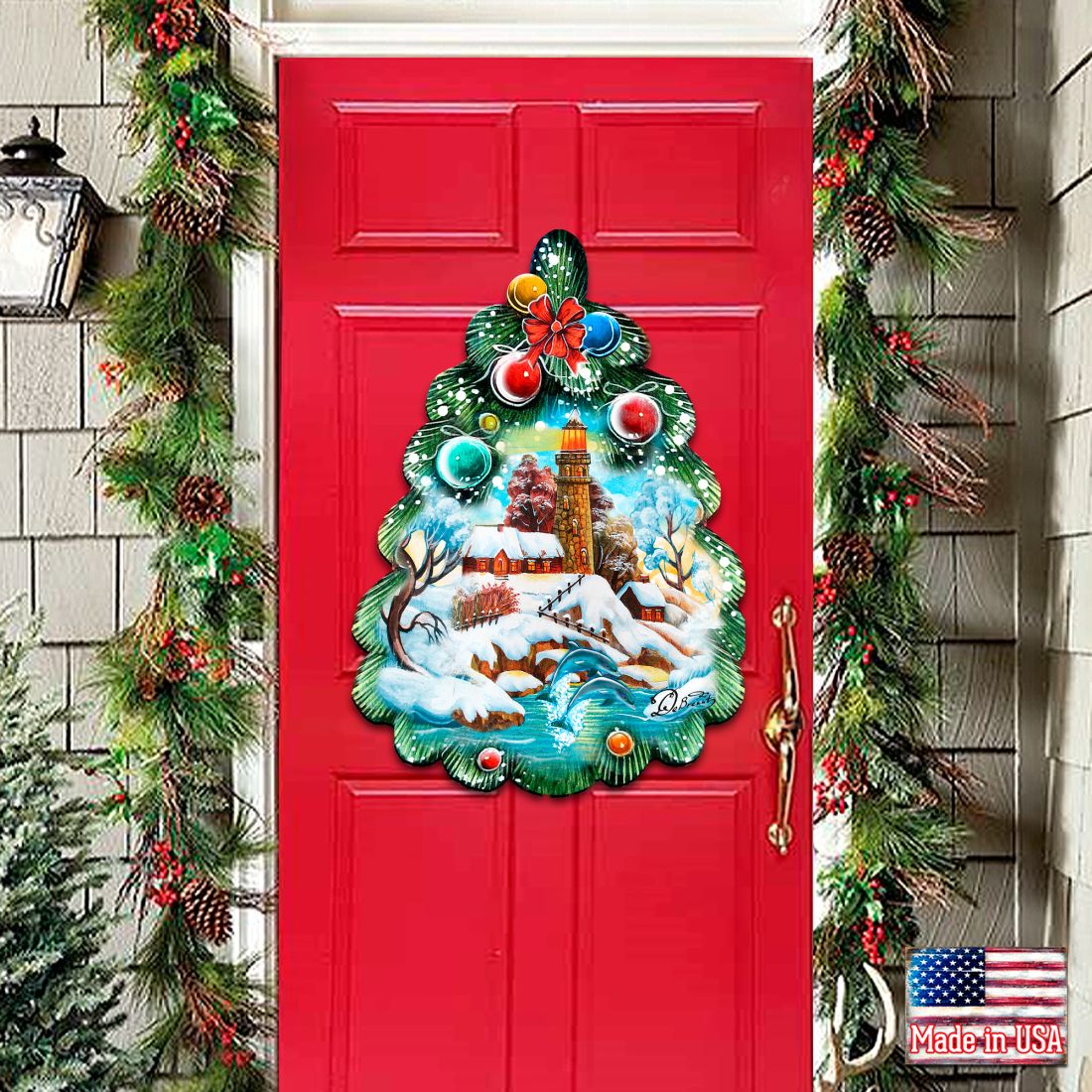 Lighthouse Tree Christmas Door Decor by G. DeBrekht - Coastal Holiday Decor - 8119185H-2