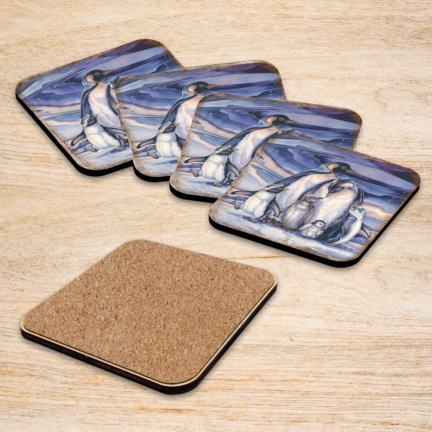 Penguin Family Wooden Cork Coasters Gift Set of 4 by J. Bergsma - Wildlife Decor  - 8199472C-S4-S4 (Copy)-2