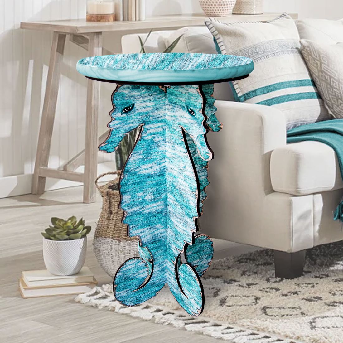 Seahorses Coastal Wooden Side Table Folded by G. DeBrekht - Coastal Sea-Life Decor - G99991-1