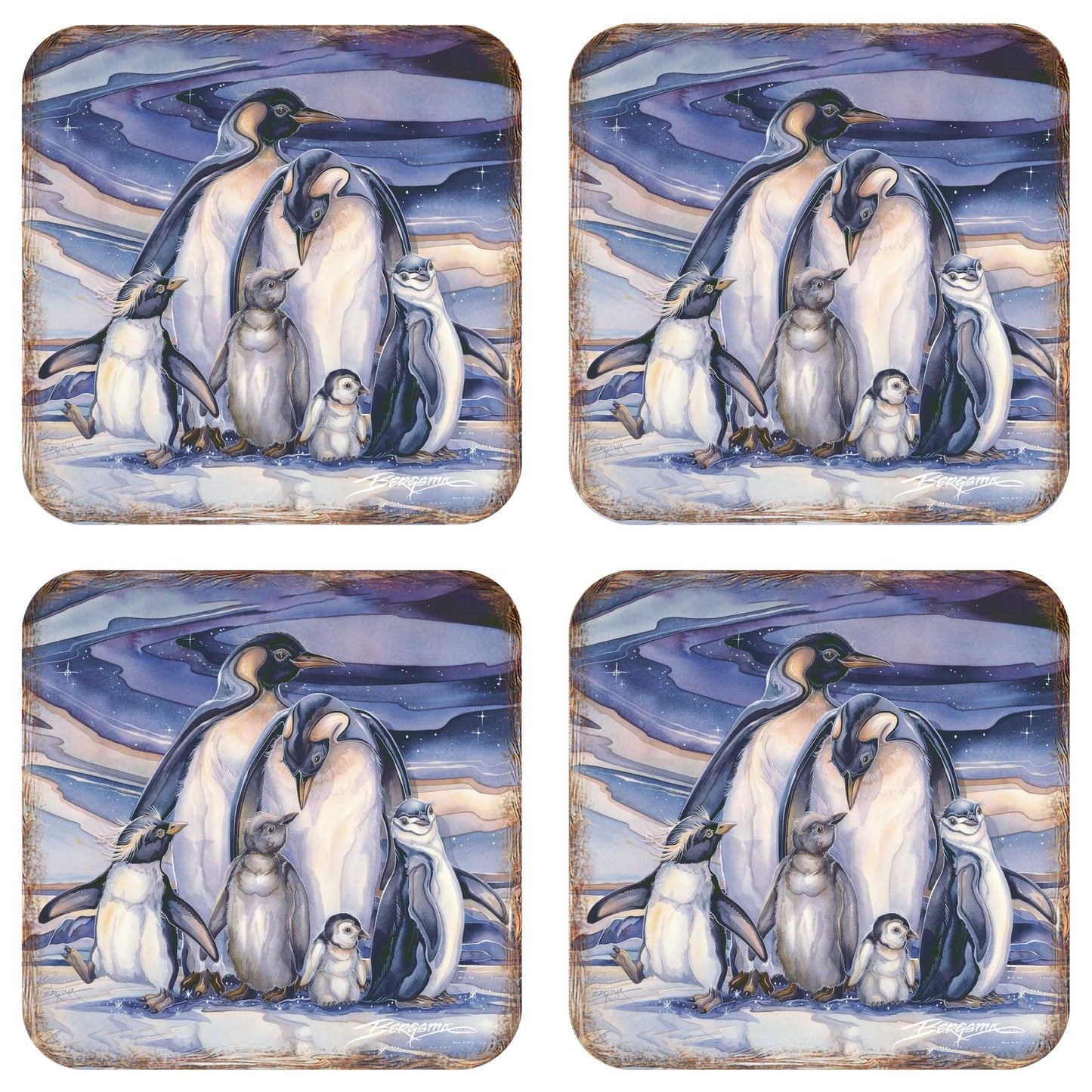 Penguin Family Wooden Cork Coasters Gift Set of 4 by J. Bergsma - Wildlife Decor  - 8199472C-S4-S4 (Copy)-3