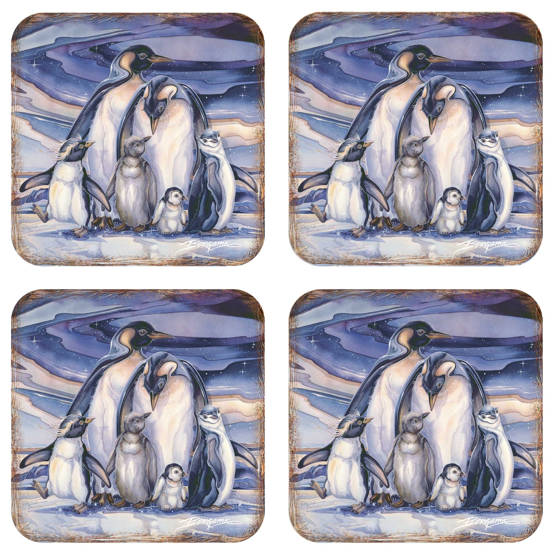 Penguin Family Wooden Cork Coasters Gift Set of 4 by J. Bergsma - Wildlife Decor  - 8199472C-S4-S4 (Copy)-3
